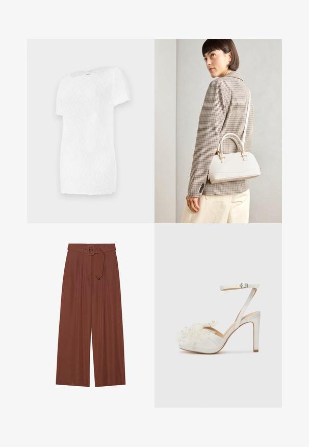 Hvit kortermet t-skjorte med en teksturert diamantmønster og rund hals, laget av lett stoff.; Bredde bukser i brunt stoff, med belte med firkantet spenne, plisserte design og myk tekstur.; Hvit høyhælte sandal med tyllvolanger og perledesign; har ankelrem og rund tådesign, glatt overflate.; Hvit strukturert håndveske med korte håndtak og skulderreim, med detaljer i gullfinish og teksturert materiale, vist mot en grå bakgrunn.
