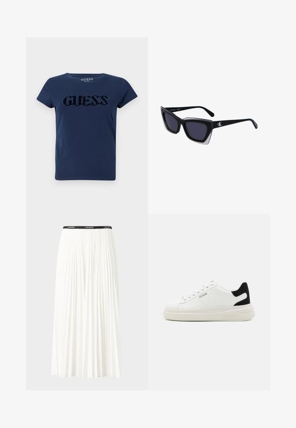 Jūrinės spalvos medvilninis marškinėlis su trumpomis rankovėmis ir apvaliu iškirpimu. Su tekstūruotu „GUESS“ logotipu, puoštu blizgiais mėlynais akcentais.; Pleated balta sijonas su juodu elastiniu juosmeniu, ant kurio yra "LACOSTE" logotipas. Vidutinio ilgio dizainas su švelnia tekstūra.; Baltos odinės sportbačiai su storu baltu padu, juodu nubuko kulno akcentu ir iškilmingu logotipu šone. Su raišteliais, turinčiais šešis akinius.; Juodos didelės saulės akinių su geometrine forma, turinčiais tamsius objektyvus ir kontrastingą pilką detalę ant rėmelio. Logotipas ant šalon.