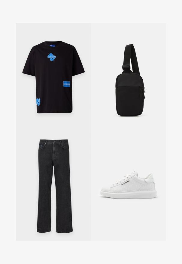 Black cotton t-shirt with blue graphic prints, including a logo and rectangular label, featuring short sleeves and a relaxed fit.; Black denim jeans with a straight leg design, featuring five pockets, a button closure, and light distressing. Classic stitching details.; White sneaker made of smooth leather with embossed pattern. Features round toe, lace-up front, and textured sole. Silver logo detail on side.; Black crossbody bag made of durable fabric, featuring a single adjustable strap, a zippered main compartment, and a front pocket.