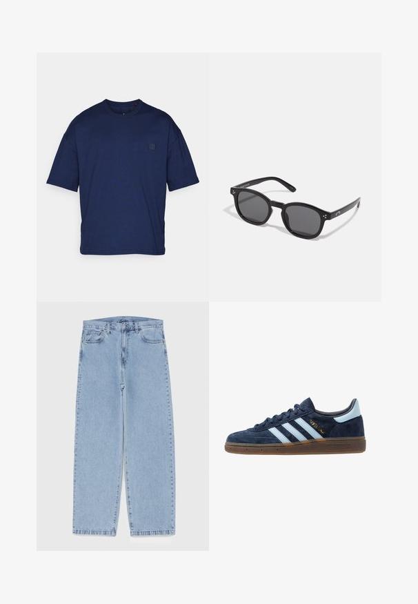 Navy zila kokvilnas T krekls ar īsām piedurknēm, apaļu kakla izgriezumu, brīvu griezumu un mazu logo uzšuvumu kreisajā pusē. Gluda tekstūra.; Gai zila džinsu bikses ar taisnu kāju dizainu, kas piedāvā vidēju vidukļa augstumu, piecas kabatas un pogas un rāvējslēdzēja aizdari.; Jūras zilas zamša Adidas sporta apavi ar gaiši zilām strēmēm, gumijas zole, gaiši zila papēža cilpa un zelta "Spezial" emblēma sānos.; Melni ovāli saulesbrilles ar tumšiem stikliem, resniem rāmjiem un sudraba punktu akcentiem uz sāniem. Gluda plastmasas materiāls, mūsdienīgs dizains.