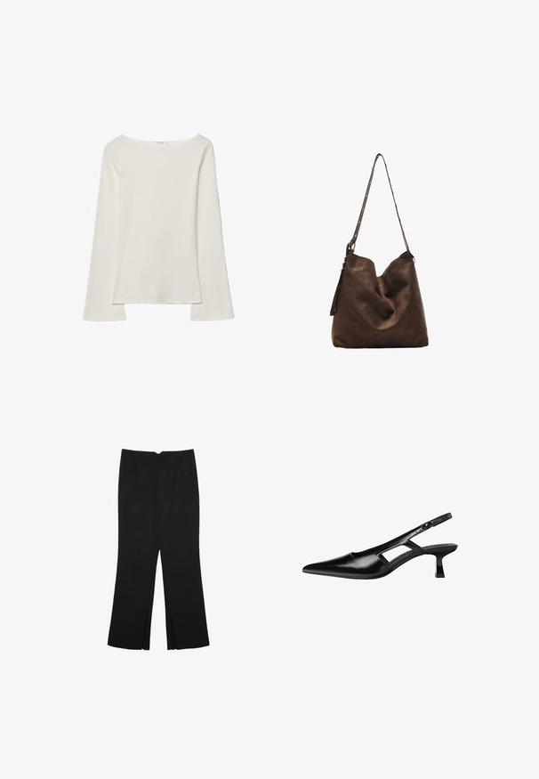 Haut blanc à manches longues avec un col bateau. Fabriqué en matériau doux, il présente des manches évasées et un ourlet droit, offrant un design simple et polyvalent.; Pantalon noir avec une coupe droite, doté de poches avant et d'éclairs sur l'ourlet. Fabriqué en tissu doux et lisse. Convient à diverses occasions.; Escarpins slingback en cuir verni noir avec un bout pointu, un design découpé sur les côtés et un petit talon carré. Texture lisse avec des accents minimaux.; Sac hobo en suède marron avec un haut courbé, une longue bandoulière avec des accents de points, et une texture douce. Présente un design décontracté pour une utilisation informelle.