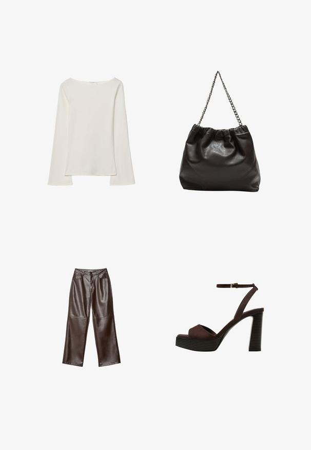 Bela dolga majica z rokavi in čolničastim izrezom. Narejena iz mehkega materiala, ima razširjene rokave in ravno robno obdelavo, kar ponuja preprost in vsestranski dizajn.; Rjave usnjene hlače širokega kroja s gladko teksturo, dvema sprednjima žepoma in gumbom za zapiranje. Minimalistična zasnova z detajli šivov.; Rjave semiš sandale z visoko peto, odprto spredaj, z nastavljivim gležnjenjem in črtastim podplatom.; Rjava usnjena torba z nabranim vrhom in verižnim trakom. Gladka tekstura z sijajno površino in subtilnimi šivi na straneh.