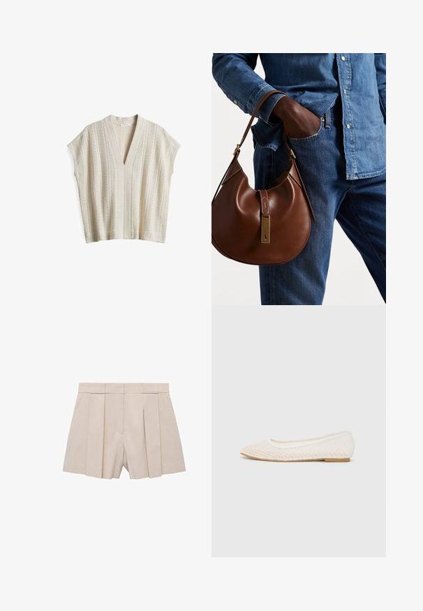 Top lavorato a maglia color beige chiaro con scollo a V, maniche corte e texture a righe verticali. Presenta un'intrecciatura aperta e dettagli a coste.; Pantaloni beige plissettati con design sartoriale, caratterizzati da un alto vita e una texture morbida. Quattro plissettature frontali creano volume. Senza tasche.; Scarpa piatta bianca con design in rete, punta affilata e suola bassa e piatta. Parte superiore testurizzata con fodera liscia e delicate rifiniture a contrasto.; Borsa hobo in pelle marrone con una forma arrotondata, dotata di dettagli in hardware dorato e cuciture a contrasto. Abbinata a una camicia di jeans e a un paio di jeans.