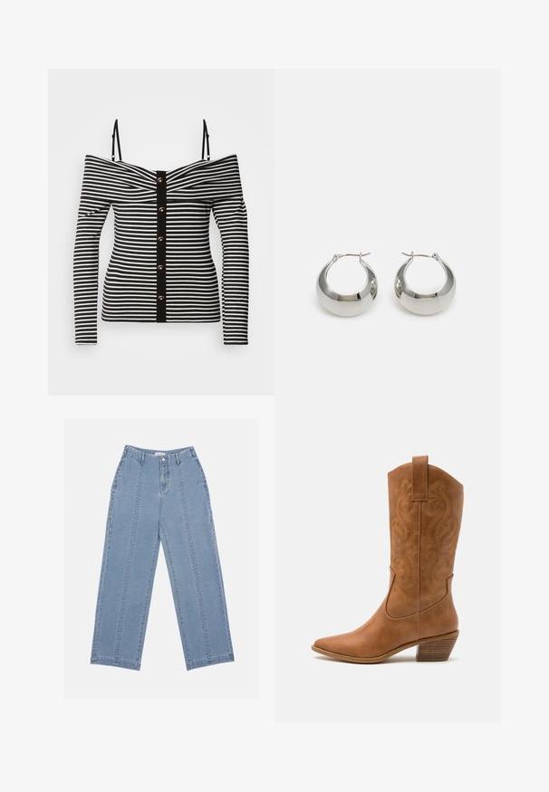 Crno-bijela prugasta majica s otkrivenim ramenima i dugim rukavima, s prednjim dugom na dugmad i kontrastnim crnim rubom. Glatka džersej tkanina.; Svijetloplave traperice širokih nogavica. Imaju visoki struk, kopčanje na gumbe i vidljive šavove. Nema vidljivih džepova sprijeda.; Smeđe kožne kaubojke s oštrim nosom, izvezenim spiralnim uzorcima na gornjem dijelu i blok petom. Imaju potporu za lakše obuvanje.; Srebrne metalne naušnice u obliku obruča s glatkom, sjajnom površinom i strukturiranim, zaobljenim dizajnom. Imaju šarkasti kopča za sigurno nošenje.