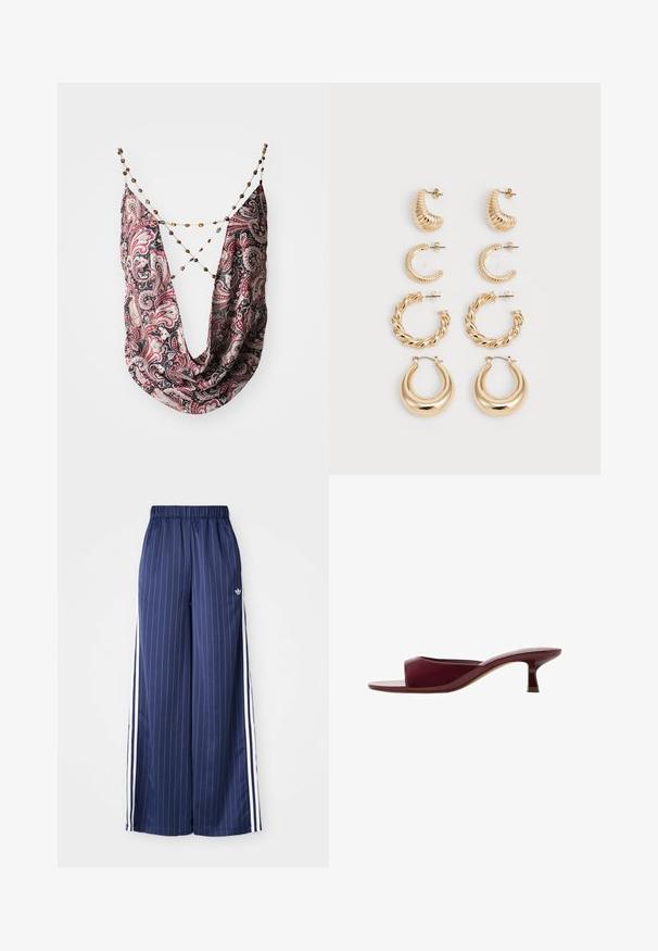 Black and red paisley-patterned scarf with a draped design. Features a chain connector with beads in various colors. Soft fabric texture.; Brown paisley blouse with long bell sleeves and a tie neck. Made from lightweight fabric, featuring floral and abstract patterns.; Navy blue wide-leg pants with vertical white stripes, elastic waistband, and three white stripes along each side, made from a lightweight material.; M burgundy open-toe slide sandal featuring a glossy finish, a low kitten heel, and a minimalist design with a smooth, curved shape.; Set of five gold earrings, featuring varying designs: twisted, ridged, and smooth surfaces in hoop and crescent shapes.