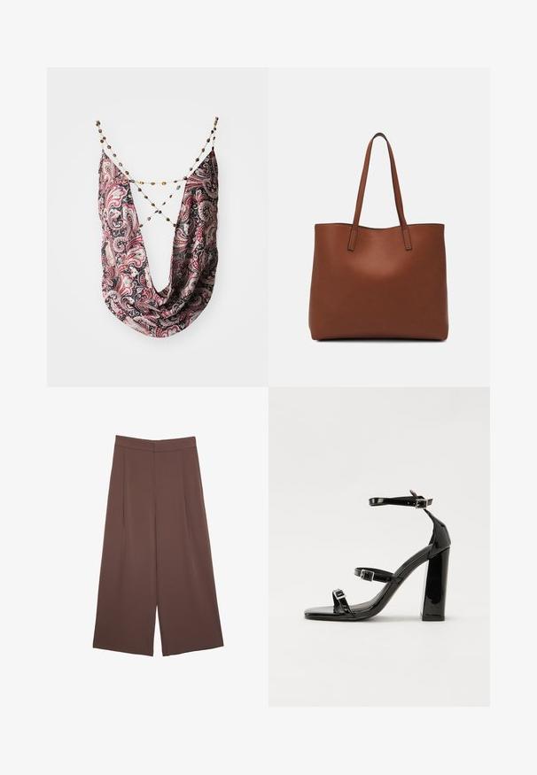 Sciarpa a motivo paisley in nero e rosso con design drappeggiato. Presenta un connettore a catena con perline di vari colori. Texture del tessuto morbida.; Pantaloni ampi marroni con una texture liscia, caratterizzati da una vita alta e pieghe frontali. Il tessuto è leggero e scorre liberamente.; Sandali con tacco in vernice nera, con punta squadrata, cinturini alla caviglia e fibbie in argento. Presentano un tacco a blocco spesso per maggiore stabilità.; Borsa tote in pelle marrone con texture liscia, design con apertura superiore e due spallacci. Presenta cuciture minime e nessun hardware visibile.