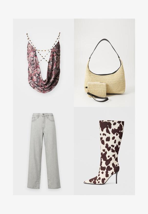 Eșarfă cu un model paisley negru și roșu, cu un design drapat. Prezintă un conector cu lanț și mărgele de diverse culori. Textură de țesătură moale.; Jeans de denim de culoare gri deschis, cu croi larg, având talie înaltă, buzunare frontale și închidere standard cu un nasture și fermoar.; Botine cu vârf ascuțit până la genunchi, dintr-un material cu imprimeu de vacă crem și maro, având un toc stiletto subțire și o textură netedă.; Geantă din paie țesută, cu o siluetă curbată, având o curea din piele neagră netedă și un plic mic asortat, atașat printr-un breloc pentru încheietură.
