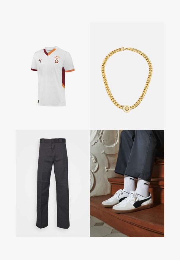 Bijela nogometna majica s crvenim i narančastim akcentima. Ima izrez u obliku slova V, logotip kluba i valoviti uzorak teksture kroz cijelu tkaninu.; Crne hlače od izdržljivog materijala, s ravnim krojem, pojasom s peteljkama i šavovima za dodatnu teksturu.; Puma tenisice u bijelom i crnom nubuku, s smešnim gumastim potplatom. Uparene su s bijelim čarapama s crnim logom, nosene uz tamne hlače.; Zlatna ogrlica s velikim isprepletenim karikama, koja sadrži kružni detalj na sredini s uzdignutim grbom.
