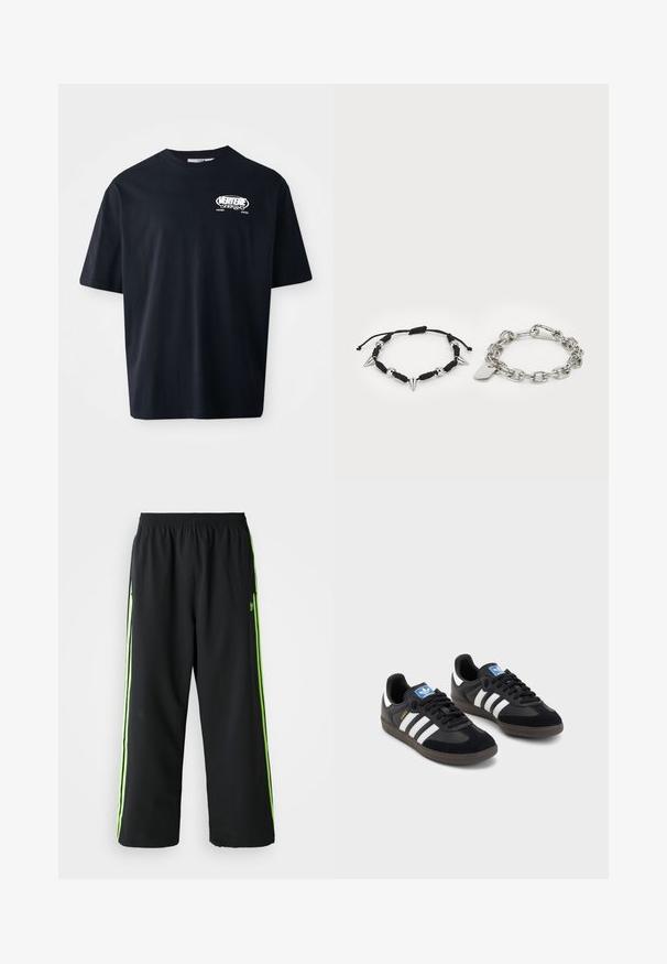 Juodas medvilninis marškinėliai su trumpomis rankovėmis, apvalia apykakle ir balta grafika priekyje. Reguliari figūra ir lygus paviršius. Be raštų ar akcentų.; Juodi sportiniai kelnaičiai su elastinga juosmens juosta, turintys neoninės žalios spalvos šonines juosteles ir laisvą siluetą. Pagaminti iš lengvos medžiagos.; Juodi sportiniai bateliai su zomšos ir sintetine viršutine dalimi, turintys tris baltas juosteles, tekstūruotą gumos pado paviršių ir mėlyną logotipo etiketę ant liežuvėlio.; Juodas virvės apyrankė su sidabro spygliukais ir karoliukais, šalia sidabro grandinėlės apyrankė su metaliniu žymekliu ir užsegimu.