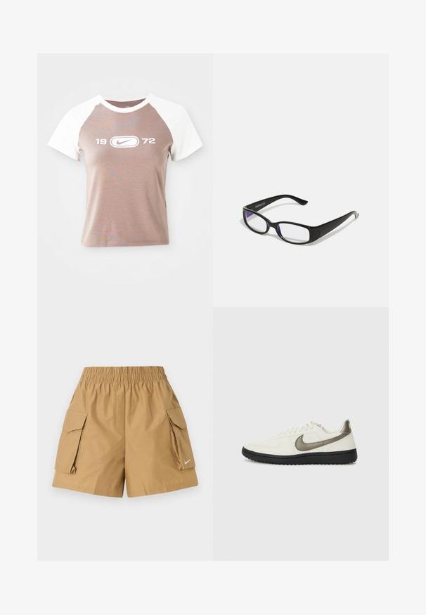Lyhythihainen t-paita, jossa on vaalea ruskea runko ja valkoiset raglan-hihat. Edessä on suuri valkoinen graafinen logo ja vuosi "1972" keskellä.; Vaaleanbeige cargo-shortsit, joissa on joustava vyötärö, kaksi sivutaskua ja pieni valkoinen logodetail. Valmistettu kevyestä, teksturoidusta kankaasta.; Nike Sportswear FIELD GENERAL - Matalavartiset tennarit - off-white/black; Mustat suorakulmaiset vahvuuslasit, joissa on kirkkaat linssit. Kiiltävä pinta, kapeat sanganvarret ja violetit sävyt näkyvät linssien reunoilla.
