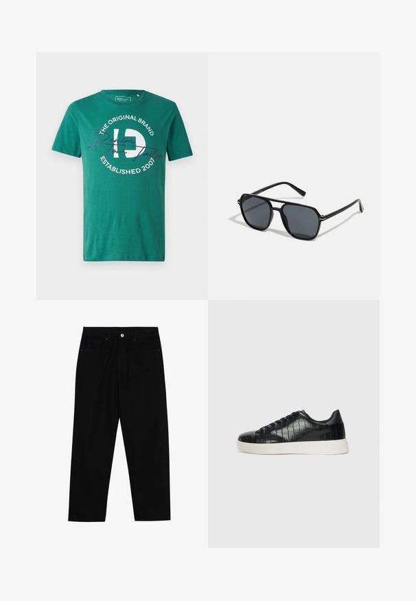 Green cotton t-shirt featuring a round neckline, short sleeves, and a central graphic with "The Original Brand" and year "2001" in white and purple.; Black denim pants featuring a straight-leg cut, five-pocket design, and a front button closure. Smooth texture with minimal stitching details.; Black sneakers featuring a textured croc-embossed leather upper, rounded toe, and a contrasting white rubber sole with a smooth finish.; Black sunglases with octagonal frame, dark lenses, glossy finish, thin temples, and gold accents on the front.