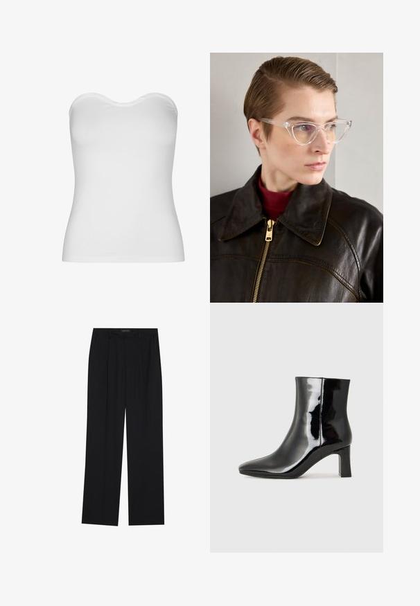Top bianco senza spalline realizzato in tessuto leggero e elasticizzato. Presenta una texture liscia, un décolleté curvo e un design aderente. Senza cuciture visibili.; Pantaloni neri con un design a gamba dritta, dotati di due tasche frontali e di una vita. Realizzati in un tessuto morbido e leggero.; Stivaletto in pelle verniciata nera con punta a punta e tacco a blocco di altezza media. Texture liscia e design minimalista.; Occhiali cat-eye in acetato trasparente con lenti gialle, indossati da una persona con giacca di pelle nera e dolcevita rossa. Texture liscia.
