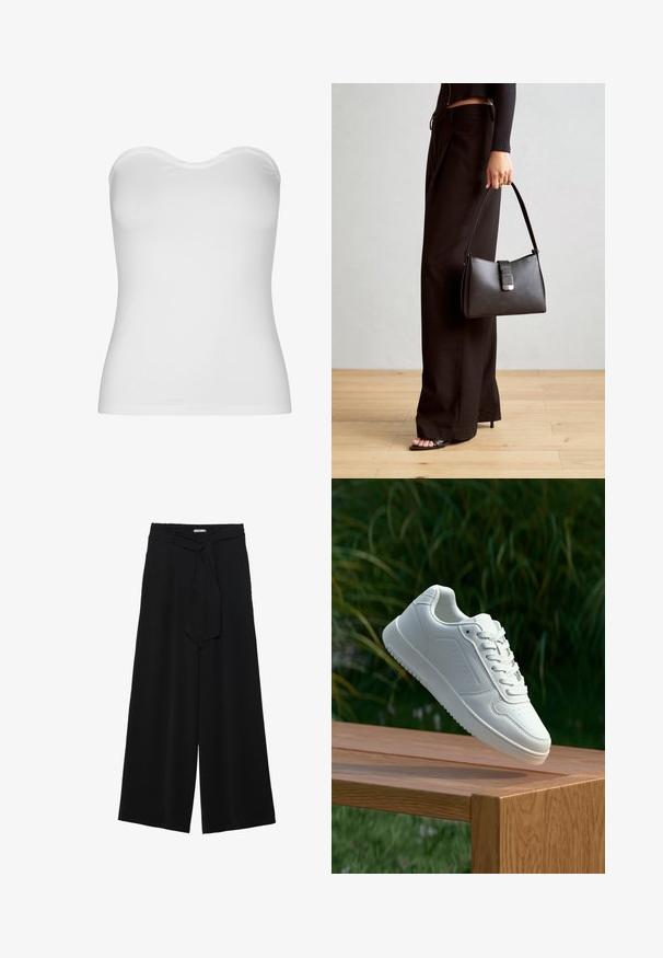 Top alb fără bretele, fabricat dintr-un material ușor și elastic. Prezintă o textură netedă, un decolteu curbat și un design adaptat corpului. Fără cusături vizibile.; Pantaloni largi negri dintr-un material texturat, cu un tiv elastic și o panglică detașabilă la talie pentru un fit ajustabil.; Sneaker alb cu un upper sintetic neted, cu vârf perforat, șireturi plate și o talpă texturată, expus pe o suprafață de lemn.; Genți negre cu o formă structurată, textură netedă și un închizător metalic. Asortată cu pantaloni negri largi și sandale cu vârf deschis pe un podea din lemn.