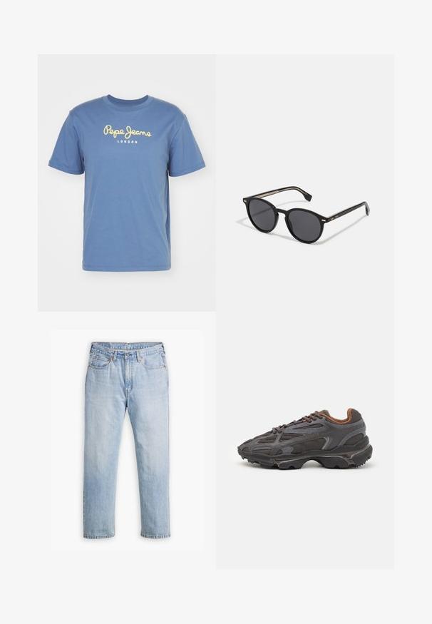Pepe Jeans EGGO - Triko s potiskem - sea blue; Světle modré džíny z denimu s rovnými nohavicemi, pětikapsovým stylem a kontrastním prošitím. Zapínání na knoflík a zip v pase.; Sněrovací boty Lacoste v tmavě šedé barvě s síťovinou a syntetickým materiálem, prezentující texturovanou podrážku a hnědé detaily na límci a logu.; BOSS Sluneční brýle - black