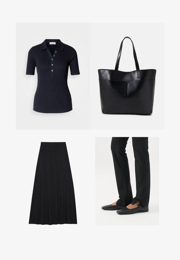 Donkerblauwe geribbelde polo met korte mouwen, een knoopsluiting met drie knopen en een kraag. Glad textuur en een aansluitend ontwerp. Geen zichtbare patronen.; Zwarte maxi rok van zacht, vloeiend materiaal. Het heeft een elastische taille en een volle, A-lijn silhouet met een soepele textuur.; Zwarte leren balletschoenen met een puntige neus, bandje met een zilveren gesp, gecombineerd met zwarte nauwsluitende broek met een zijsplit.; Zwarte leren tote bag met twee lange handvatten, een zachte textuur en een gestructureerde vorm. Voorzien van een voorvak voor extra opslagruimte.; Zilveren oorbellen in de vorm van een gladde, gepolijste ring. Ronde vorm met een veilige kliksluiting. Lichtgewicht ontwerp, geschikt voor dagelijks gebruik.