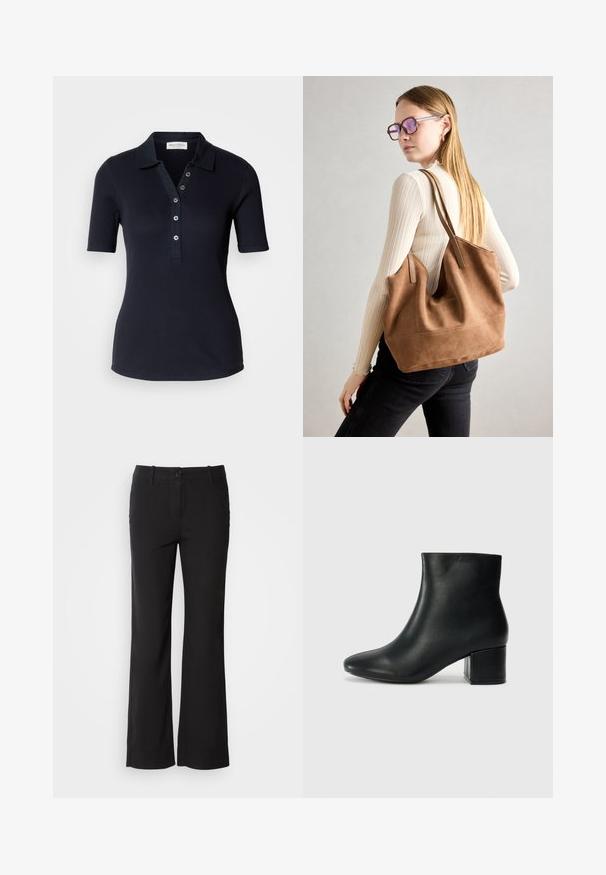 Tmavomodrá pruhovaná polokošeľa s krátkymi rukávmi, s trojitém gombíkovým zapínaním a golierom. Hladká textúra a priliehajúci strih. Žiadne viditeľné vzory.; Čierne nohavice z bavlneného zmesového materiálu s rovnými nohavicami, predným zapínaním na gombík a dvoma bočnými vreckami. Hladká textúra, žiadne viditeľné vzory.; Čierne kožené členkové čižmy s špicatou špičkou a hrubým podpätkom. Hladká textúra s minimálnymi akcentmi a elegantným, priliehavým dizajnom.; Hnedá semišová taška na rameno s mäkkou textúrou, veľkým otvorom a dlhými popruhmi. Má jednoduchý dizajn s viditeľným šitím a bez kovových prvkov.