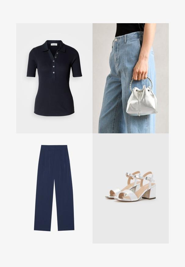 Sötét tengerészkék bordázott póló, rövid ujjal, három gombos állítással és gallérral. Simaság és szűkített forma jellemzi. Nincs látható minta.; Sötétkék, bő szárú nadrág puha anyagból, elől redőkkel, sima textúrával, egyenes szabással, látható zsebek nélkül.; Ezüst, nyitott orrú, magas sarkú szandálok, két széles pánttal és lekerekített tömbsarkúval. Simának tűnő, fényes felület.; Fémes ezüst színű vödör táska, texturált felülettel, ezüst kerek füllel és húzózárral, világoskék farmer mellett tartva.