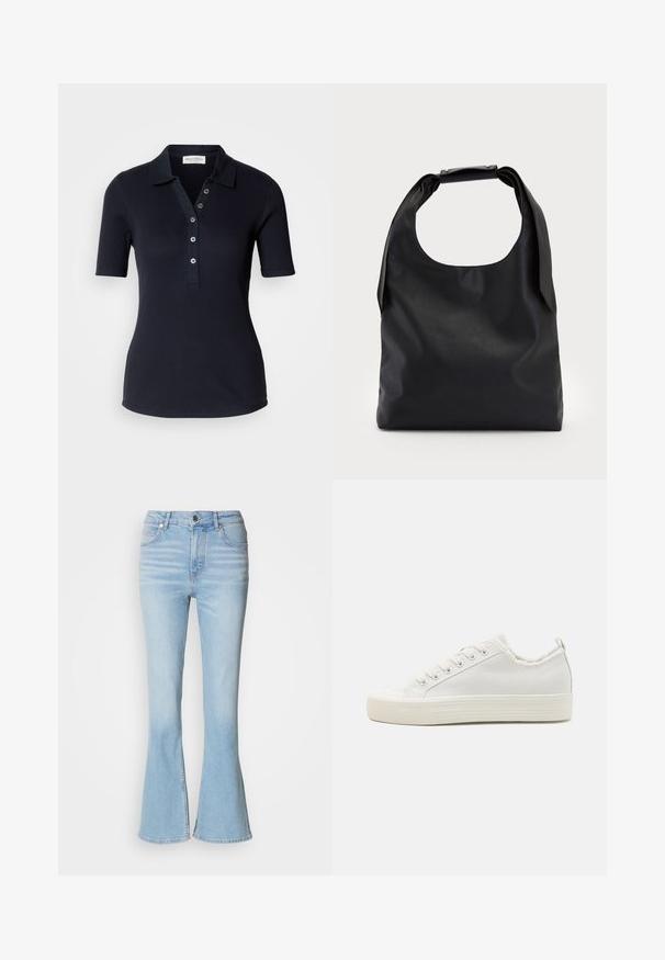 Tumman merensininen ribbipaita lyhyillä hihoilla, kolmella napilla varustettu napitus ja kaulus. Sujuva pinta ja vartalonmyötäinen muotoilu. Ei näkyviä kuvioita.; Vaaleansiniset leveälahkeiset farkut, joissa on korkea vyötärö, hienovarainen haalistuminen ja normaali vetoketjukiinnitys.; Valkoiset kankaasta valmistetut tennarit, joissa on teksturoitu päällinen, pyöreä varvasosa, tasapohja ja nauhakiristys. Ominaisuuksiin kuuluu hieman purkautunut kaulus ja vetoketju.; Musta nahkainen käsilaukku, jossa suuri avoin yläosa ja yksi olkahihna. Pehmeä pinta, minimalistinen muotoilu, hillityt metallikoristeet.; Kultaiset renkaat, joissa on teksturoitu, epäsäännöllinen muoto. Varustettu saumattomalla suljinnalla ja kiillotetulla pinnalla, mikä korostaa modernia muotoilua.