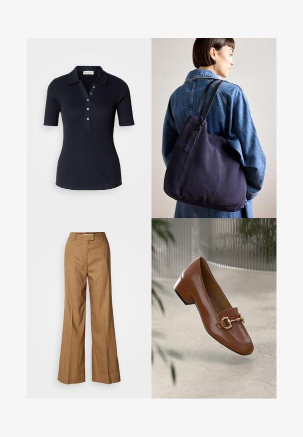 Mørkeblå ribbestrikket polo-skjorte med kortermet, treknaps-placket og krage. Glatt tekstur og tettsittende design. Ingen synlige mønstre.; Brune vide benbukser laget av lett materiale. Har flat front, beltehemper og en skreddersydd silhuett med ankel-lengde.; Brun lakkert skinn loafer med firkantet tå, metallkjedeakkent, og lav blokkheel; glatt tekstur, minimalistisk design.; Marine lerrets skulderveske med en myk, strukturert form, som har en svart stropp, sydd detaljer og en liten merkeflagg.