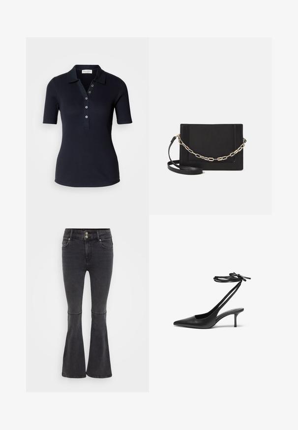 Tumman merensininen ribbipaita lyhyillä hihoilla, kolmella napilla varustettu napitus ja kaulus. Sujuva pinta ja vartalonmyötäinen muotoilu. Ei näkyviä kuvioita.; Mustat levenevät farkut denimistä, joissa on korkea vyötärö, kaksinkertainen napitus ja etutaskut siistillä viimeistelyllä.; Mustat nahkaiset stiletto-kengät, joissa on terävä kärki, avoin takaosa ja nilkkahihnat solmittuina rusetiksi. Kapea 3-tuumainen korko. Tasainen pinta, minimalistinen muotoilu.; Musta nahkainen olkalaukku, jossa on sileä pinta, suorakulmainen muoto ja metalliketju yksityiskohtana edessä. Mukana säädettävä hihna.; Hopeinen kaksinkertainen rengas, jossa on sileä, kiillotettu pinta. Siinä on sulava, kaareva muotoilu, jossa on päällekkäisiä osia modernin ilmeen saavuttamiseksi.