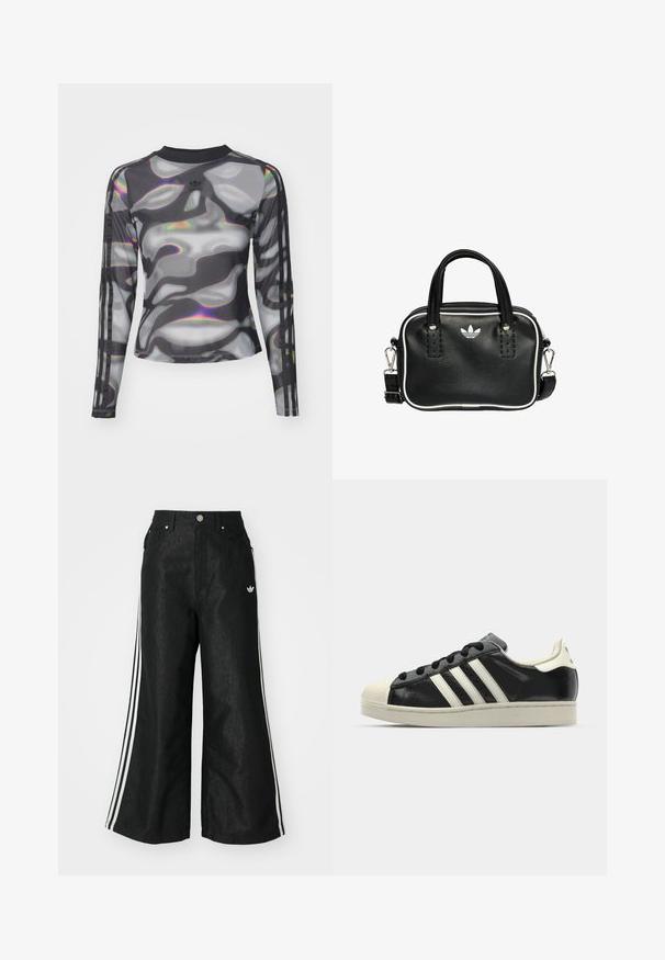 Top a manica lunga in mesh nero e grigio con un motivo ondulato; presenta un collo a giro e strisce tridimensionali lungo le maniche.; Pantaloni in denim neri a gamba larga con tre strisce bianche su ciascun lato e un piccolo logo bianco. Presentano tasche frontali e chiusura con bottone.; Sneaker in pelle nera con strisce bianche, punta in gomma, lacci neri e suola di colore crema. Texture liscia con finitura brillante.; Borsa a mano in pelle nera con due manici corti, hardware argentato, dettagli bianchi e un logo bianco. Presenta una superficie strutturata e un design compatto.