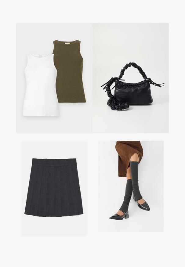 Dva brezrokavnike: eden bel, izdelan iz gladkega blaga, in eden olivno zelen, z rebrasto teksturo. Oboji imajo okrogle izreze.; Temno siva nabrana krila z elastičnim pasom, ki ima teksturirano tkanino in klasično silhueto v obliki črke A. Primerna za vsakodnevno nošenje.; Črne lakirane čevlje s pointy prsti in blok peto ter z naramnicami za gleženj, ki jih kombiniramo s sivimi rebrastimi nogavicami in rjavim suknjičem iz usnja.; Črna torbica iz umetnega usnja s krokodilovo teksturo, z zvitim vrhom in zmečkano naramico. Zdi se mehka in kompaktna v oblikovanju.