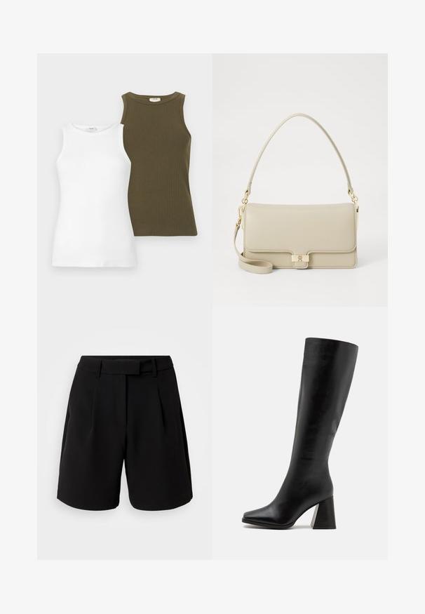 Kaks ilma varrukat tipp: üks valge, siledast kangast, ja teine oliivroheline ribakuidest. Mõlemal on ümmargune kaelus.; Mustad mustad lühikesed püksid, valmistatud siledast kangast, kõrge vöökohaga, voltide, vöökoharihmade ja küljetaskutega, puhaskujundusega.; Musta põlvikuni ulatuv saabas, mis on valmistatud siledast nahast, kohandatud ruudukujulise toe ja massiivse, tekstureeritud kanna külge. Lihtne ja voolujooneline disain.; Beige nahkkott, millel on struktureeritud kuju, kuldne riiv ja eemaldatav õlavarreline rihm. Silmapaistev tekstuur ja minimalistlik disain.