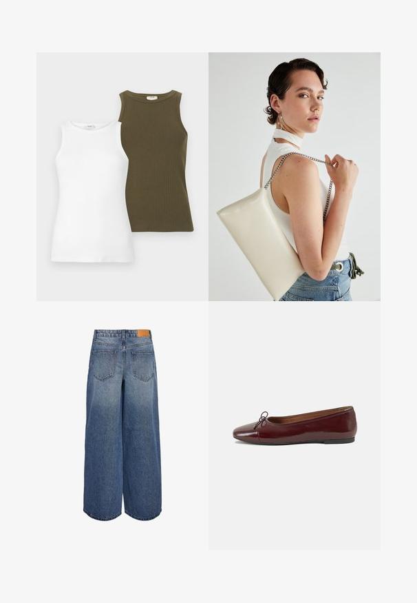Dva brezrokavnike: eden bel, izdelan iz gladkega blaga, in eden olivno zelen, z rebrasto teksturo. Oboji imajo okrogle izreze.; Široke denimske culote srednje modre pranja z blagim izginjanjem, ki imajo dve zadnji žep in rjav usnjen logotip na pasu.; Burgundska patenti usnjeni baletni čevlji z zaobljenim prstom, majhnim lokom na sprednji strani in nizkim črnim gumijastim podplatom. Gladka tekstura.; Bela pravokotna torbica za ključe iz sijajnega materiala, opremljena s srebrno verižico. Model pozira in prikazuje torbico na enobarvni podlagi.