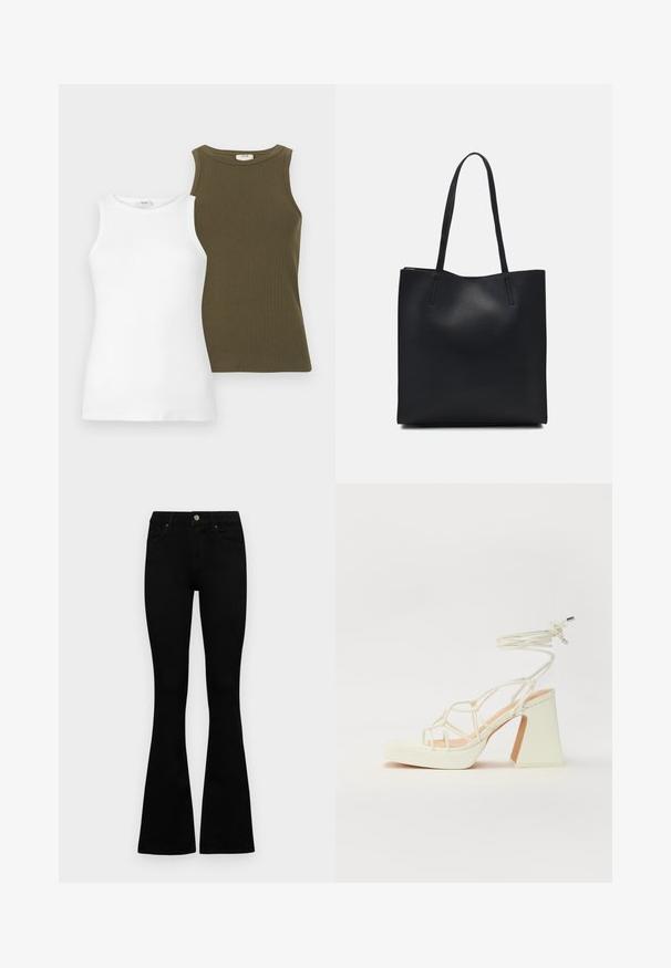 Divi bezpiedurkņu topi: viens balts, izgatavots no gludas auduma, un viens olīvu zaļš ar ribotu tekstūru. Abiem ir apaļi kakla izgriezumi.; Melni augsta jostas šorti ar pogu un rāvējslēdzēju, priekšējām kabatām un izplestām kājām, nolikti uz balta fona.; Baltas augstpapēžu sandales ar masīvu papēdi, ar siksnu dizainu un potītes saistītiem elementiem. Gluda tekstūra ar platformu priekšpusē, lai nodrošinātu papildu augstumu.; Melnas ādas somiņa ar gludu tekstūru, taisnstūra formu un divām garām rokturiem. Nav redzamu aparatūras vai rotājumu.