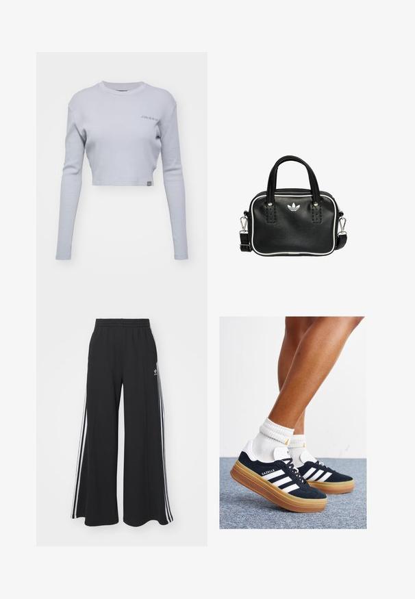 Ljusgrå, kortärmad tröja med lång ärm tillverkad av ribbat tyg. Har en rundad halsringning och diskret logo-broderi på bröstet.; Svarta vida sweatpants med elastisk midje, med vita sidosträck och en broderad logotyp på vänster lår.; Svarta sneakers i mocka med vita ränder och detaljer, rundad tå, yttersula i gummiblandning, kombinerade med vita ribbade crew-strumpor.; Svart läderhandväska med två korta handtag, silverfärgade detaljer, vita accenter och en vit logotyp. Har en texturerad yta och en kompakt design.