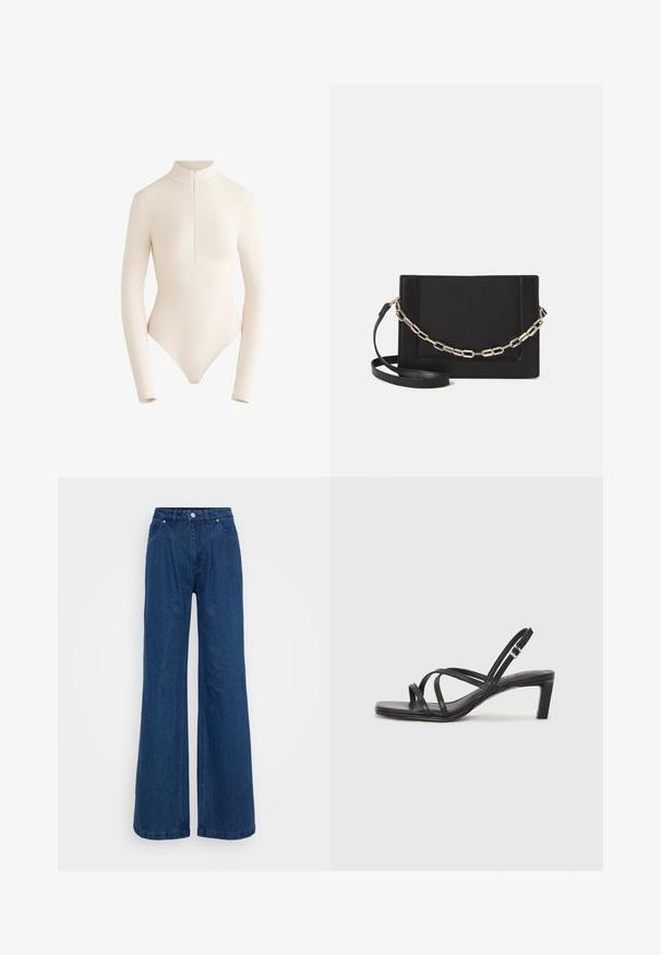 Long-sleeve bodysuit in light beige fabric with a high collar and front zipper, featuring a smooth, fitted design and a low-cut back.; Wide-leg blue denim jeans with a high waist, front button and zipper closure, and front and back pockets against a plain background.; Black strappy sandal with a square toe and a low block heel. Features multiple thin straps and an adjustable ankle strap. Made of smooth leather.; Black leather crossbody bag featuring a smooth texture, rectangular shape, and a metallic chain detail on the front. Adjustable strap included.