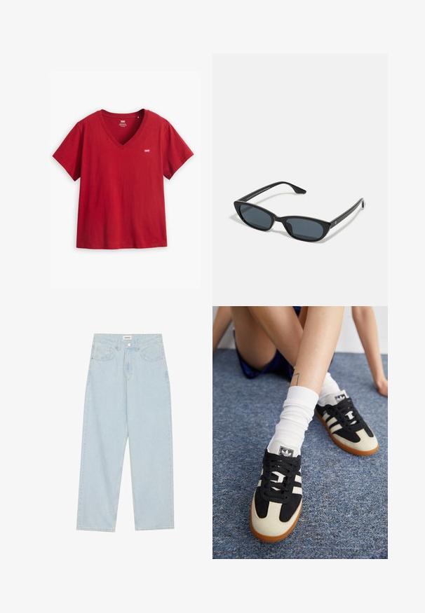 Levi's® Plus PERFECT V NECK TEE - Jednoduché tričko - sundried tomato; Světle modré široké džíny z denimu, s mid-rise pasem, pěti kapsami a knoflíkovým zapínáním s úzkým kovovým akcentem.; Černobílé sportovní boty se svrškem z semiše a kůže, s třemi bílými pruhy a gumovou podrážkou. Pár je nošen s bílými ponožkami.; Černé sluneční brýle typu cat-eye s tmavými skly, plastovým rámem, úzkými nohami a jemným brandingem na vnitřní straně ramene. Matte povrchová textura.