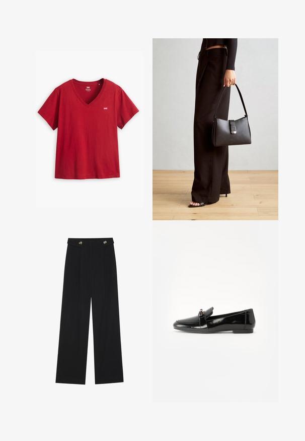 Levi's® Plus PERFECT V NECK TEE - T-shirt básica - sundried tomato; Calças largas pretas com cintura alta, detalhes em botão na cintura e pregas frontais.; Mocassim em cabedal preto brilhante com sola plana, bico arredondado e uma faixa decorativa com um detalhe em tom dourado. Acabamento liso e cintilante.; Bolsa preta com forma estruturada, textura suave e um fecho metálico. Combinada com calças largas pretas e sandálias de salto aberto sobre um chão de madeira.