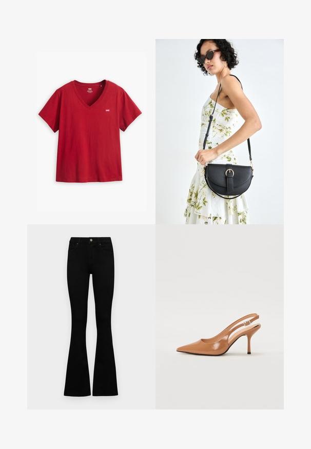 Levi's® Plus PERFECT V NECK TEE - Tricou basic - sundried tomato; Jeans negri cu talie înaltă, cu închidere prin nasture și fermoar, buzunare frontale și picioare evazate, așezați pe un fundal alb.; Pantofii cu toc slingback, cu vârful ascuțit, dintr-un material tan neted și strălucitor. Prezintă un design cu decupaj curbat și un toc subțire stil stiletto. Detaliu cu cataramă argintie.; Geantă din piele neagră, cu o formă curbată, curea detașabilă și accesorii aurii. Geanta are un capac cu un detaliu tip cataramă.