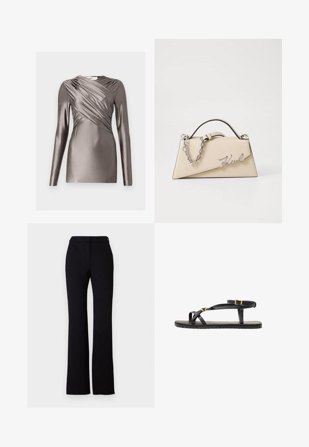 Long-sleeve top in metallic taupe fabric, featuring a draped front design and textured detailing on the sleeves. Smooth, fitted silhouette.; Black trousers featuring a straight cut, smooth texture, and a waistband with a single button closure. No visible patterns or accents.; Black leather sandals with thin straps and a buckled ankle strap. Flat sole with a textured finish and zigzag edge. Minimalist design.; Beige leather handbag with a structured, triangular shape, featuring a silver chain handle and a cursive logo in metal.