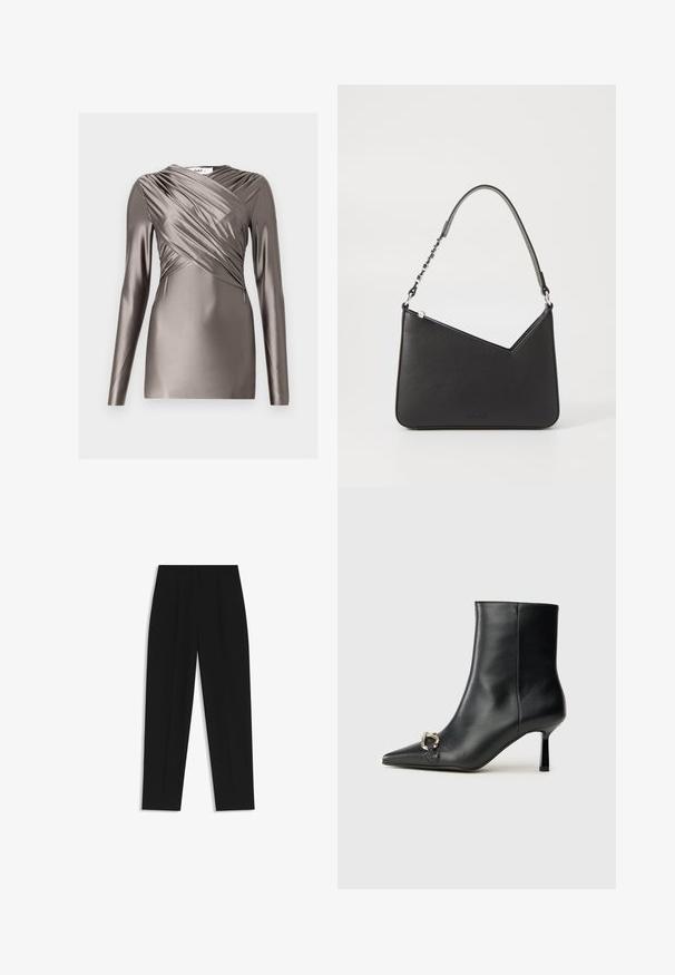 Maglietta a maniche lunghe in tessuto metallico color taupe, con un design frontale drappeggiato e dettagli testurizzati sulle maniche. Silhouette liscia e aderente.; Pantaloni neri a taglio dritto, con doppie pieghe, una texture liscia e un design classico in vita. Nessun hardware o dettaglio visibile.; Stivale alla caviglia in pelle nera con punta affusolata, tacco sottile di media altezza e dettaglio in fibbia argentata sul lato, su sfondo semplice.; Borsa a mano in pelle nera con forma triangolare, una tracolla sottile e accessori in argento. Presenta una chiusura con zip e un logo impresso sul davanti.