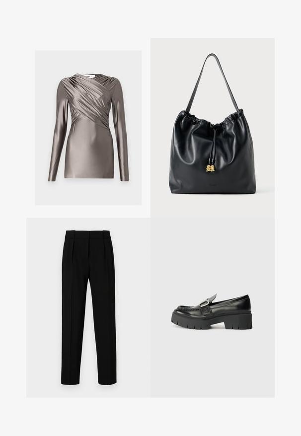 Long-sleeve top in metallic taupe fabric, featuring a draped front design and textured detailing on the sleeves. Smooth, fitted silhouette.; Black tailored trousers with a straight fit, pleated front, polished fabric, and a medium waistband. No visible pockets or hardware details.; Black leather loafers with a chunky rubber sole. Features a buckle accent and stitched detailing along the upper. Flat heel.; Black leather drawstring bag with a smooth texture, gathered top, and subtle gold hardware. Features a single sturdy strap and embossed logo.
