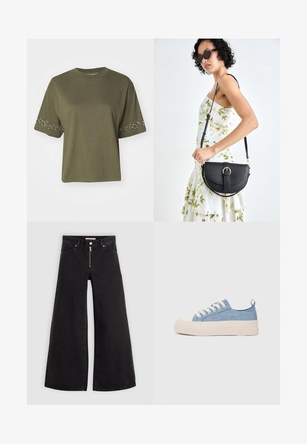 Soe rohelise lühikeste varrukatega T-särk, mis on valmistatud puuvillast ja millel on õhuline lõige, esitades kaunistatud kivid varrukatel, et lisada detailidele sära.; Laiad teksad mustast denimist, millel on lukuga eesmine osa, viie taskuga disain ja peened õmblusdetailid. Sile tekstuur ja juhuslik stiil.; Heledad sinised kangast tennisekingad koorevärvi kummist varbakatte ja taldaga, millel on valged paelad ja tõmblukk kandadel.; Mustmust mustraha kõverate joontega, eemaldatava rihmaga ja kuldsete detailidega. Kotil on klapp, millel on pandladetail.