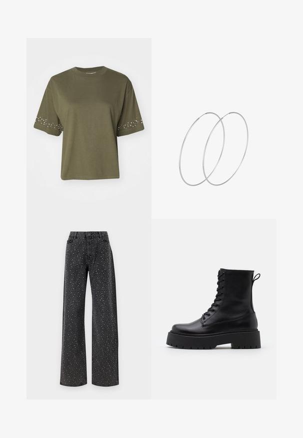 Olīvu zaļš īsām piedurknēm t-krekls, izgatavots no kokvilnas ar brīvu piegriezumu, ar rotājošiem akmenīšiem uz piedurknēm papildus detaļai.; Noisy May NMJANNEL LOOSE - Brīva piegriezuma džinsi - black denim; Melni ādas potītēm zābaki ar apļveida purngalu, auklām priekšpusē un biezu gumijas zoli ar teksturētu protektoru. Velkšanas cilpa aizmugurē.; Sudraba gredzenveida auskari ar minimālistisku dizainu. Cirkulāra forma, gluda tekstūra un plāns profils. Vieglu svaru ar spīdīgu apdari.