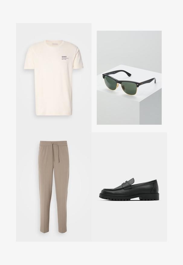 T-shirt in cotone color crema con colletto rotondo, maniche corte e una piccola stampa blu navy sul petto che recita "GANT 32 EAST 39TH ST. NEW YORK."; Pantaloni beige chiaro con cintura elastica, cordoncino regolabile e gamba affusolata. Il tessuto appare liscio con una lieve lucentezza.; Mocassini in pelle nera con punta rotonda, caratterizzati da un design cucito, suola piatta bassa e un battistrada in gomma testurizzata e scolpita.; Occhiali da sole Ray-Ban con lenti verdi, montatura in plastica nera e dettagli dorati ai bordi. Forma quadrata con finitura opaca.