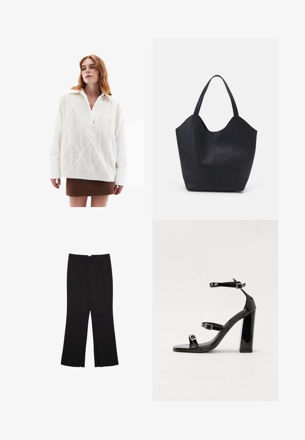Maglione bianco oversized in maglia con motivo a treccia, indossato sopra una camicia bianca, abbinato a una minigonna marrone e stivali neri con tacco al ginocchio.; Pantaloni neri a gamba dritta, con tasche frontali e spacchi laterali all'orlo. Realizzati in tessuto morbido e liscio. Adatti a diverse occasioni.; Sandali con tacco in vernice nera, con punta squadrata, cinturini alla caviglia e fibbie in argento. Presentano un tacco a blocco spesso per maggiore stabilità.; Borsa tote nera realizzata in pelle liscia, con una parte superiore curva e aperta, dotata di due manici per spalla e un design minimalista.