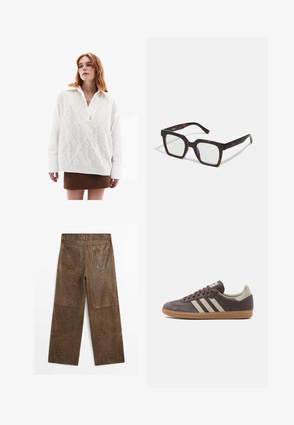 Oversized witte gebreide trui met kabelpatroon, gelaagd over een wit shirt, gecombineerd met een bruine mini-jurk en zwart geklede kniehoge laarzen.; Bruine leren wijde broek met twee achterzakken en zichtbare stiksels, vanaf de achterkant weergegeven op een witte achtergrond.; Bruine leren sneaker met drie lichtgekleurde strepen, rubberen gumzool, ronde neus en gestructureerde nubuck accenten op de hiel en neus.; Vierkante zonnebril met een frame van schildpad-acetaat en heldere lenzen. Heeft brede pootjes en een matte afwerking, wat de algehele duurzaamheid verhoogt.