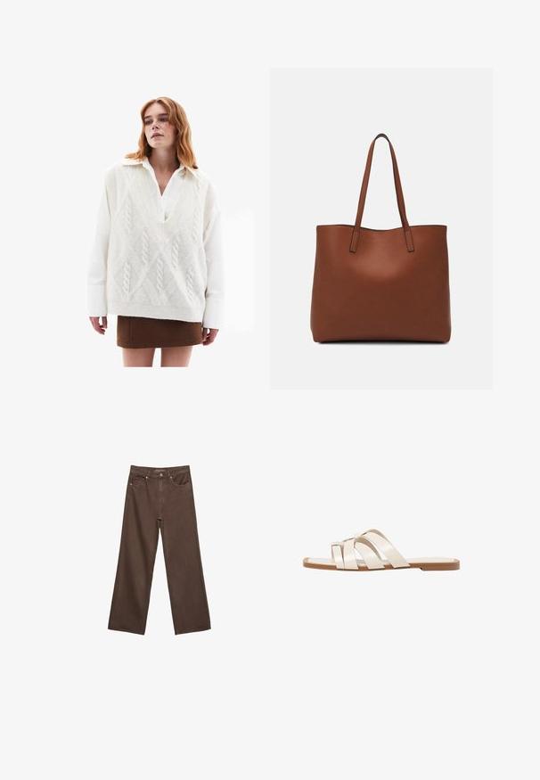 Maglione bianco oversized in maglia con motivo a treccia, indossato sopra una camicia bianca, abbinato a una minigonna marrone e stivali neri con tacco al ginocchio.; Jeans a gamba larga marroni in denim, con vita alta, tasche anteriori e chiusura a bottone classica. Tessuto liscio con cuciture sottili.; Infradito con suola in gomma color talpa, progettate con tre cinturini in pelle bianca sovrapposti e un piccolo dettaglio a fiocco al centro.; Borsa tote in pelle marrone con texture liscia, design con apertura superiore e due spallacci. Presenta cuciture minime e nessun hardware visibile.
