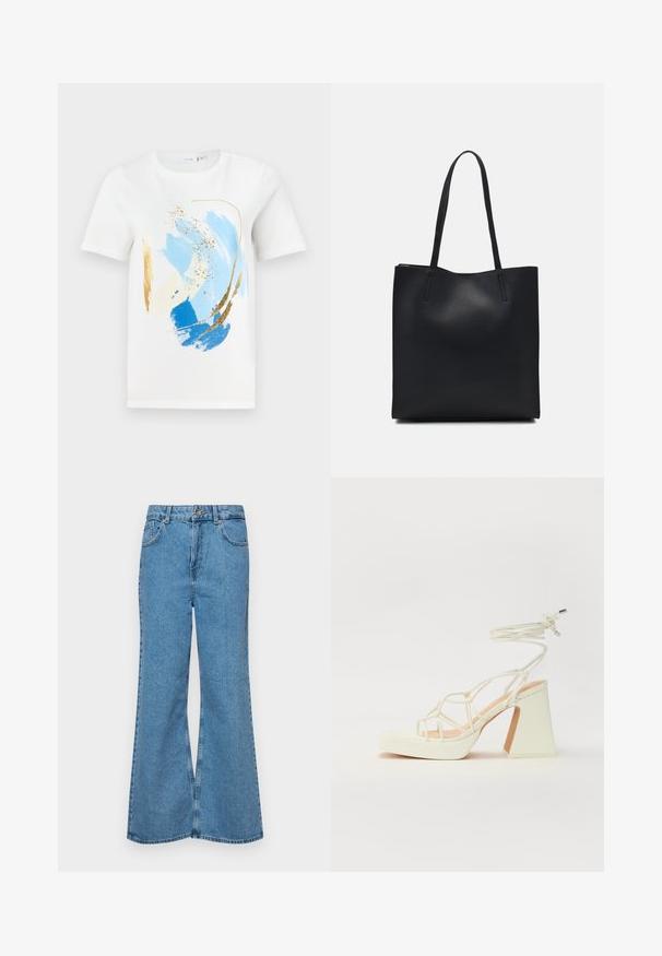 Balta marškinėliai su abstrakčiais mėlynais ir auksiniais dizainais, trumpomis rankovėmis ir apvaliu iškirpimu, pagaminti iš minkštos medvilnės.; Šviesiai mėlynos flared džinsai, pagaminti iš džinsinio audinio, su aukštu liemeniu, penkiomis kišenėmis ir vienu mygtuko užsegimu. Minkštas paviršius su išblukusiu efektu.; Balti aukštakulniai sandalai su masyviu kulnu, su dirželių dizainu ir kulkšnies raiščiu. Lygi tekstūra su platforma priekyje, suteikianti papildomą aukštį.; Juodas odinis tote krepšys su lygia tekstūra, stačiakampio formos ir dviem ilgais rankenomis. Matomų metalinių detalių ar puošybos nėra.