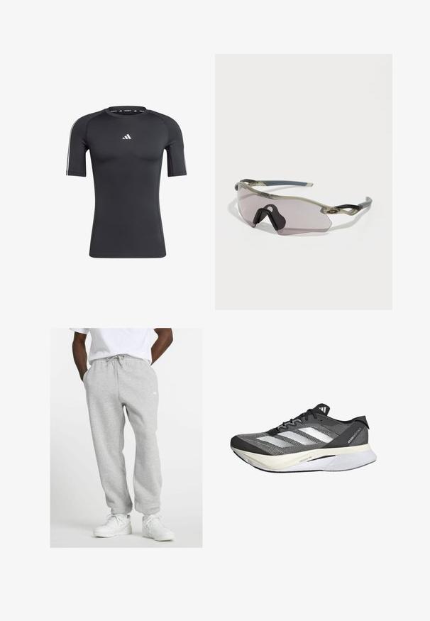 Sort kortærmet træningsshirt lavet af strækbart materiale, med rund halsudskæring, hvid Adidas-logo på brystet og hvide sidelister.; Mand iført lysegrå træningsbukser med snøring og hvide sneakers, stående med hænderne i lommerne på en hvid baggrund.; Sort og hvid atletisk sko med en mesh-overdel, har tre hvide striber, en fremtrædende sål mærket "LIGHTSTRIKE PRO" og et strømlinet design.; Solbriller med en gennemskinnelig grå stel, tonede linser og kantet design. Har en karakteristisk næsestykke og strukturerede mørkegrå tempelarme.