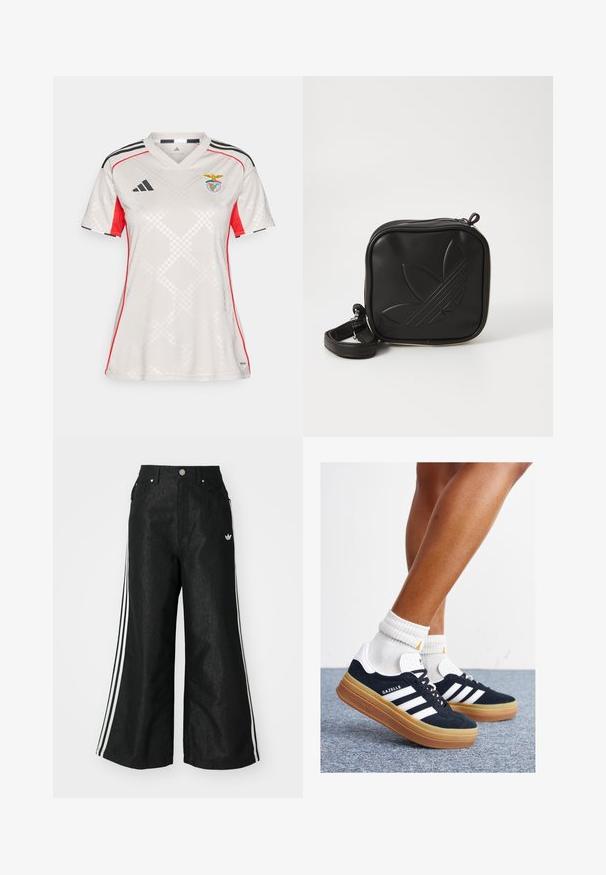 Camiseta blanca de Adidas con acentos rojos y franjas negras. Presenta un cuello en V, patrón de diamante texturizado y el emblema del Benfica en el pecho.; Pantalones de denim anchos y negros con tres franjas blancas en cada lado y un pequeño logo blanco. Cuenta con bolsillos frontales y un cierre de botón.; Zapatillas deportivas de gamuza negra con rayas y detalles blancos, puntera redondeada, suela de goma color caramelo, combinadas con calcetines blancos acanalados a la altura del tobillo.; Bolso cruzado negro hecho de material sintético texturizado. Presenta un diseño de logo en relieve y correa ajustable. Cierre con cremallera.