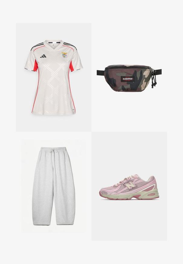 Weißes Adidas-Trikot mit roten Akzenten und schwarzen Streifen. Mit V-Ausschnitt, strukturiertem Rhombenmuster und Benfica-Emblem auf der Brust.; Hellgraue Sweatpants mit entspannter Passform, elastischem Bund, Kordelzug und seitlichen Taschen; aus weichem, strukturiertem Stoff gefertigt.; Rosa und beige New Balance 740 Sneaker mit Obermaterial aus Mesh und Synthetik, Schnürverschluss und gepolsterter Sohle, seitlich dargestellt.; Tarn-Multitasche aus strapazierfähigem Material, mit einem Reißverschluss, verstellbarem Gurt und einem roten Eastpak-Logo-Patch auf der Vorderseite.