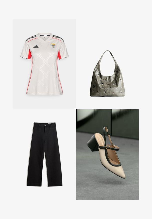 Maglietta Adidas bianca con accenti rossi e strisce nere. Presenta un colletto a V, un motivo a rombi testurizzato e il simbolo del Benfica sul petto.; Pantaloni in denim neri a gamba larga con vita alta, dotati di tasche anteriori e posteriori, cuciture a punto, e chiusura con bottone. Texture liscia.; Scarpa beige con punta a stivale, con rifiniture nere, fibbia dorata e tacco a blocco spesso su un pavimento grigio con sfondo verde scuro.; Borsa a tracolla in pelle verde oliva con un design morbido, caratterizzata da tagli circolari di diverse dimensioni e dettagli in tonalità più scure e più chiare.