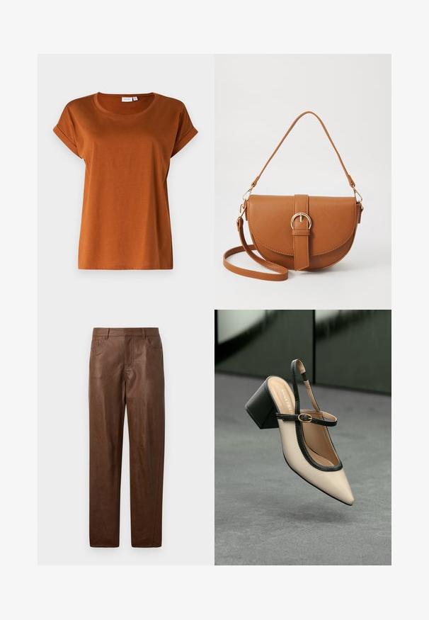 VILA VIDREAMERS NEW NOOS - Základné tričko - caramel café; Hnedé kožené nohavice s hladkou textúrou, rovný strih a dve bočné vrecká. Obsahuje viditeľné švy.; Béžová lodička so špicatou špičkou, s čiernym lemom, zlatou prackou a robustným blokovým podpätkom na šedom podlahe s tmavozeleným pozadím.; Hnedá kožená kabelka cez telo s zakriveným tvarom, zlatými kovovými doplnkami a akcentom s prackou. Obsahuje odnímateľný ramenný popruh.
