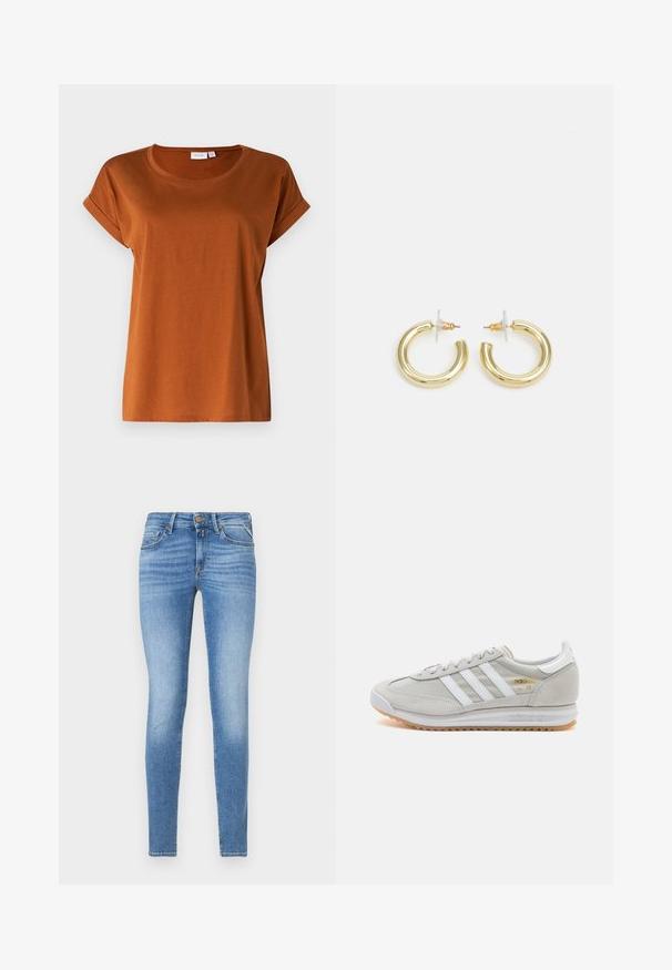 VILA VIDREAMERS NEW NOOS - Navadna majica - caramel café; Tanjši modri jeans z višjim pasom, sprednjim gumbom in petimi žepi.; Svetlo sivi tenisice od antilopa i mrežaste tkanine, s tri bijele pruge, okruglim vrhom i gumenim potplatom. Zlatni logo akcent blizu vezica.; Zlate uhane v obliki obročkov z gladko, sijočo površino. Krožna zasnova s majhnim nosilcem in prozornim podplatom za varno nošenje.